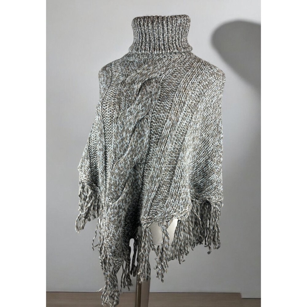 Inis Crafts 100% Merino Wool Poncho Sweater Cape Fringe Brown Irish Made S/M - Picture 3 of 16